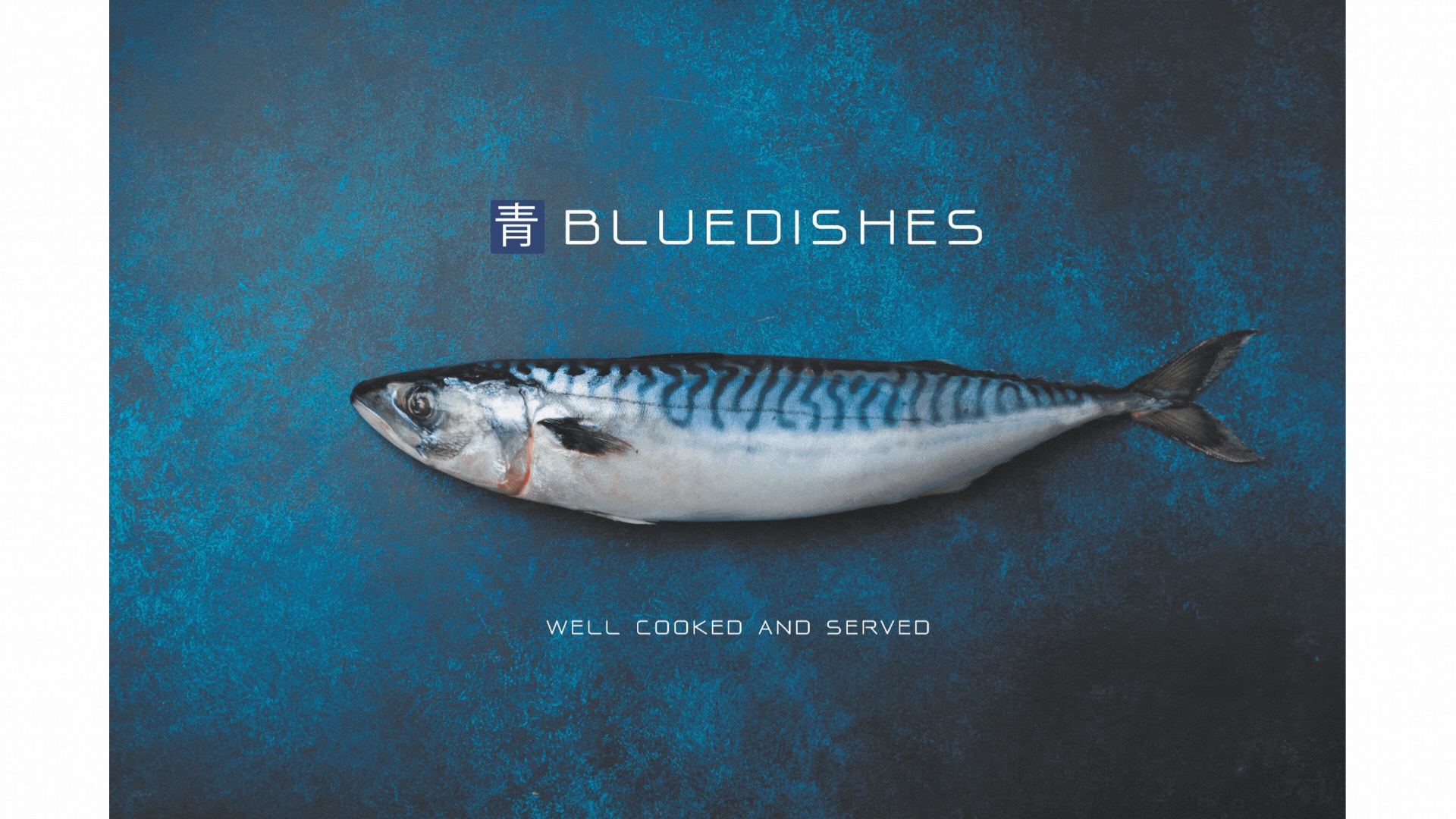 Bluedishes-merkbeeld met een makreel op een diepblauwe achtergrond.