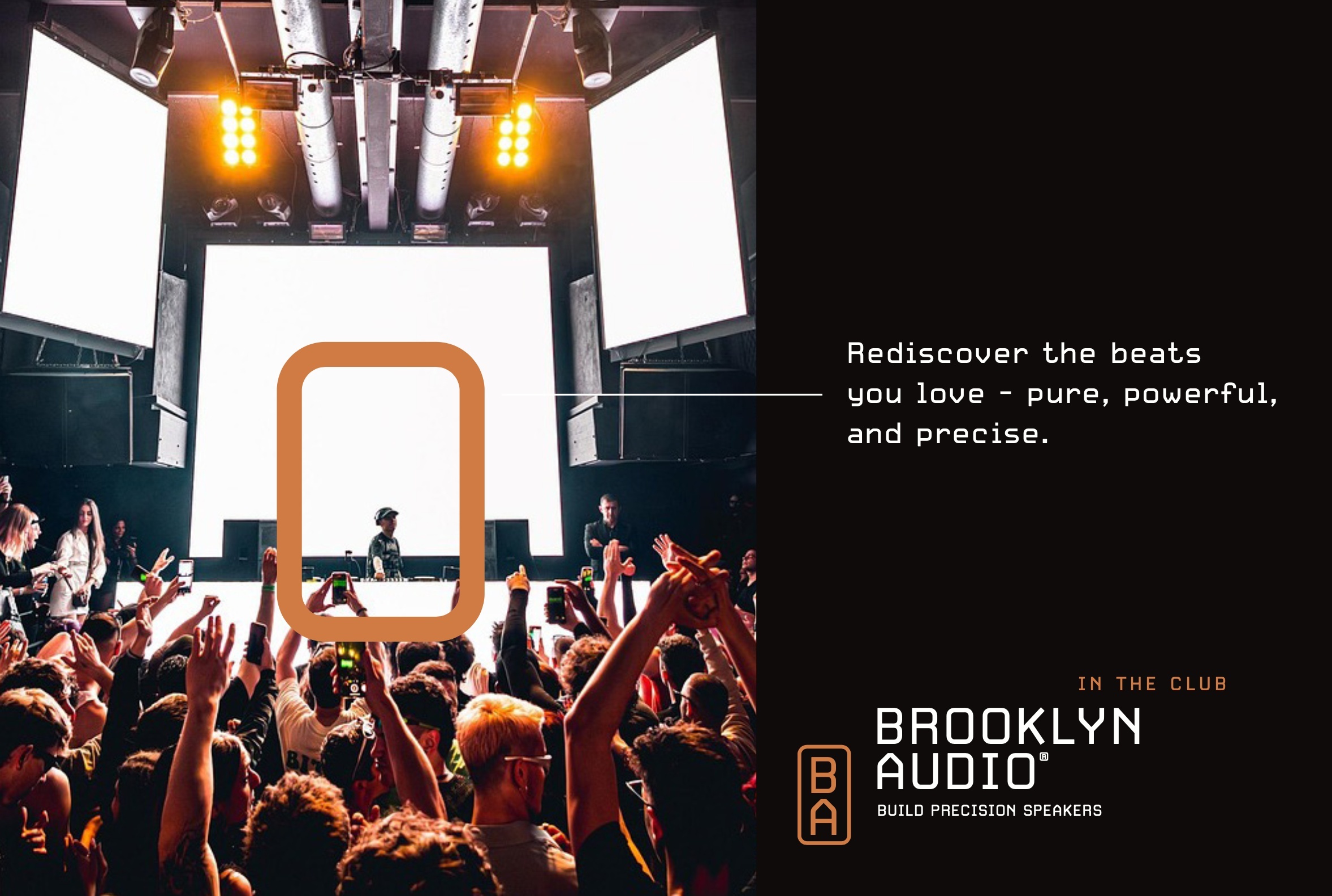 Brooklyn Audio-campagne met een concertpubliek en het beeldmerk.