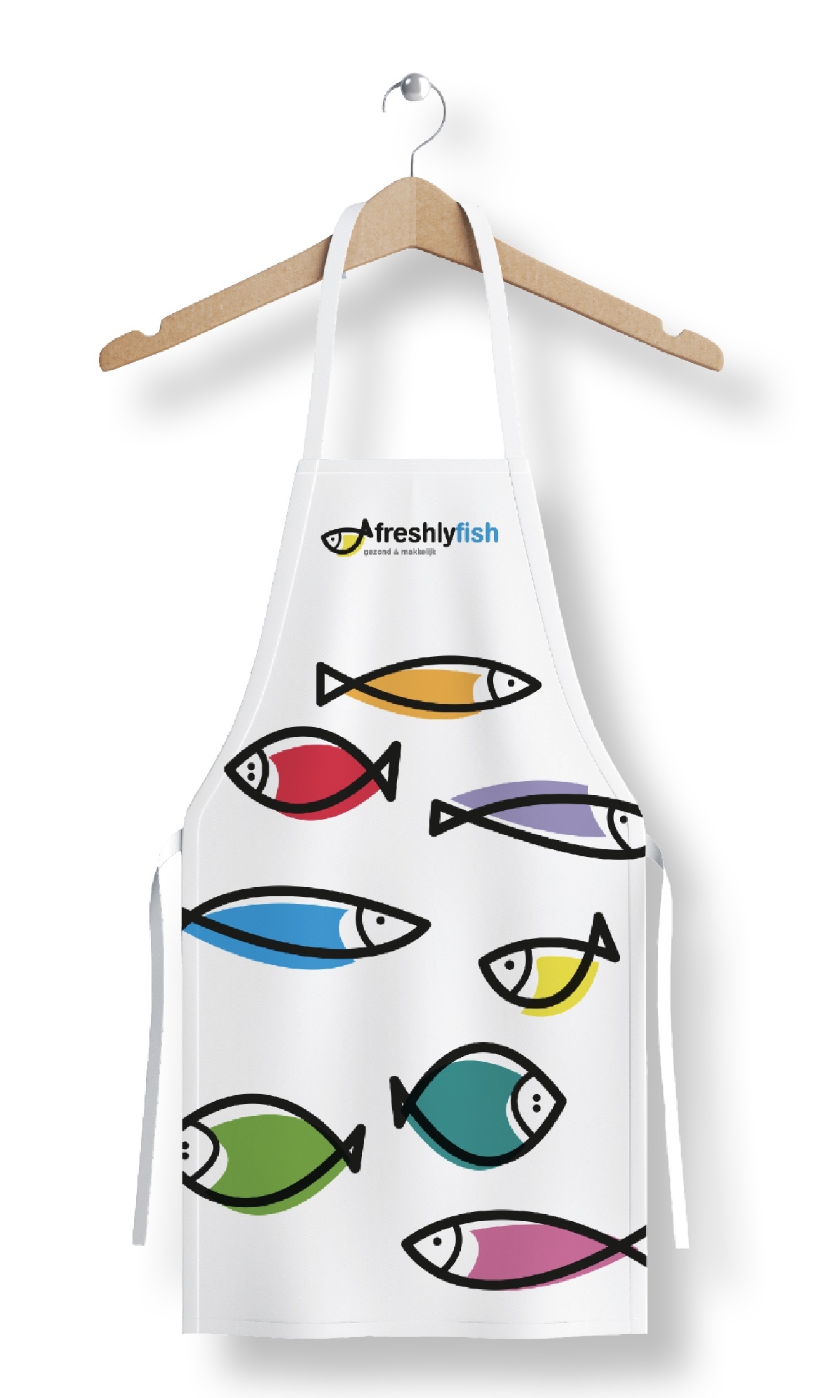 Wit FreshlyFish-schort met kleurrijke visillustraties.