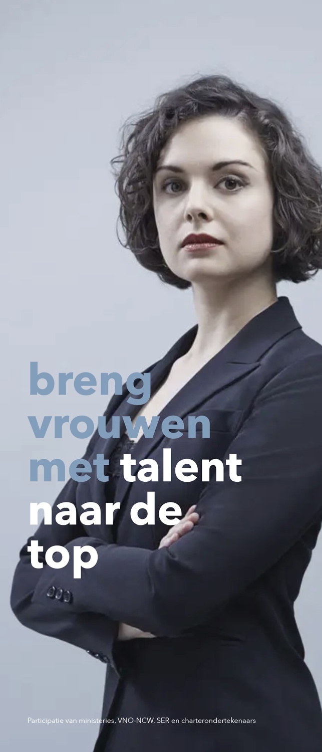 Campagnebeeld voor Talent naar de Top met een vrouw en de tekst breng vrouwen met talent naar de top.