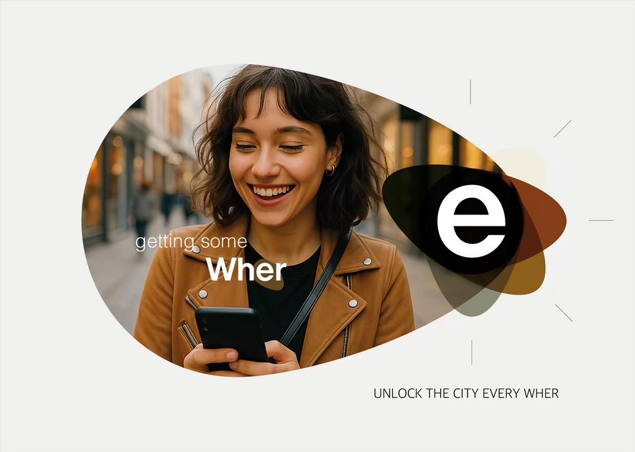 Wher-campagne met een vrouw met telefoon en een grafische letter e.